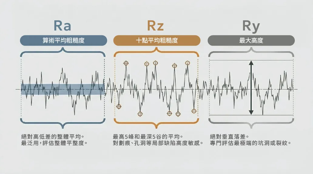 表面粗糙度的三種量測指標示意圖